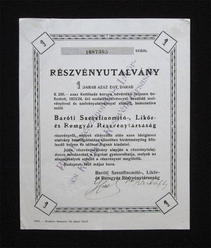 Baróti Szeszfinomító, Likõr, Rumgyár utalvány 200 korona 1924